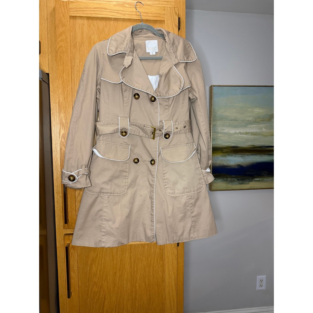 XOXO Womens Tan Khaki Double Breasted Belted Cotton Trench Coat Size M